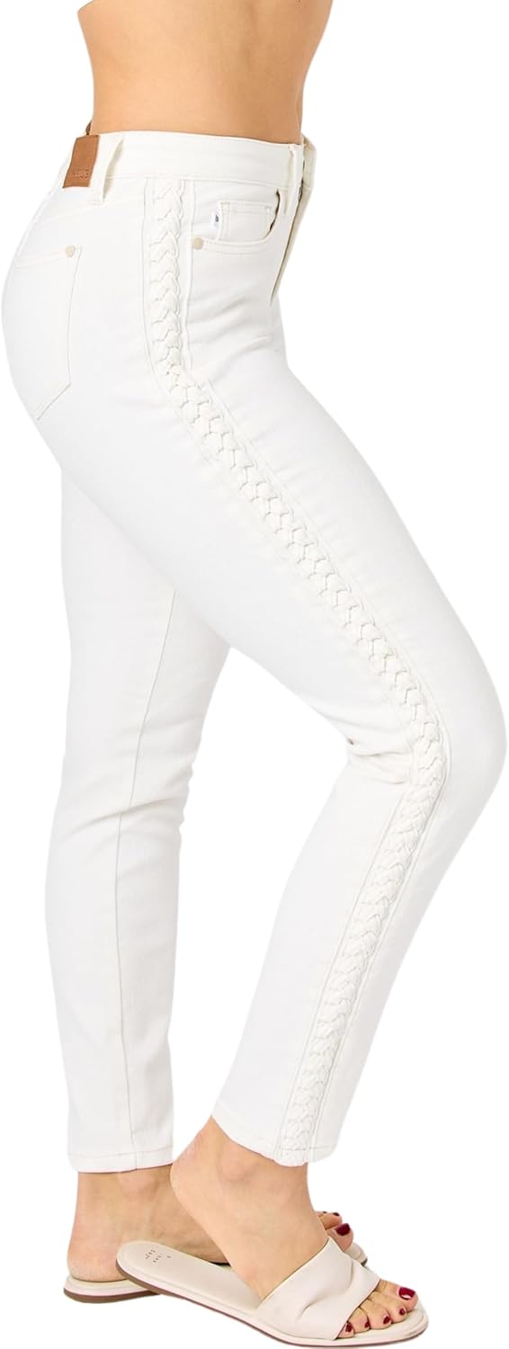 Judy Blue Women's Mid-Rise SS Braided Detail Relaxed Skinny Jeans 88782 (White, 13) - Image 3