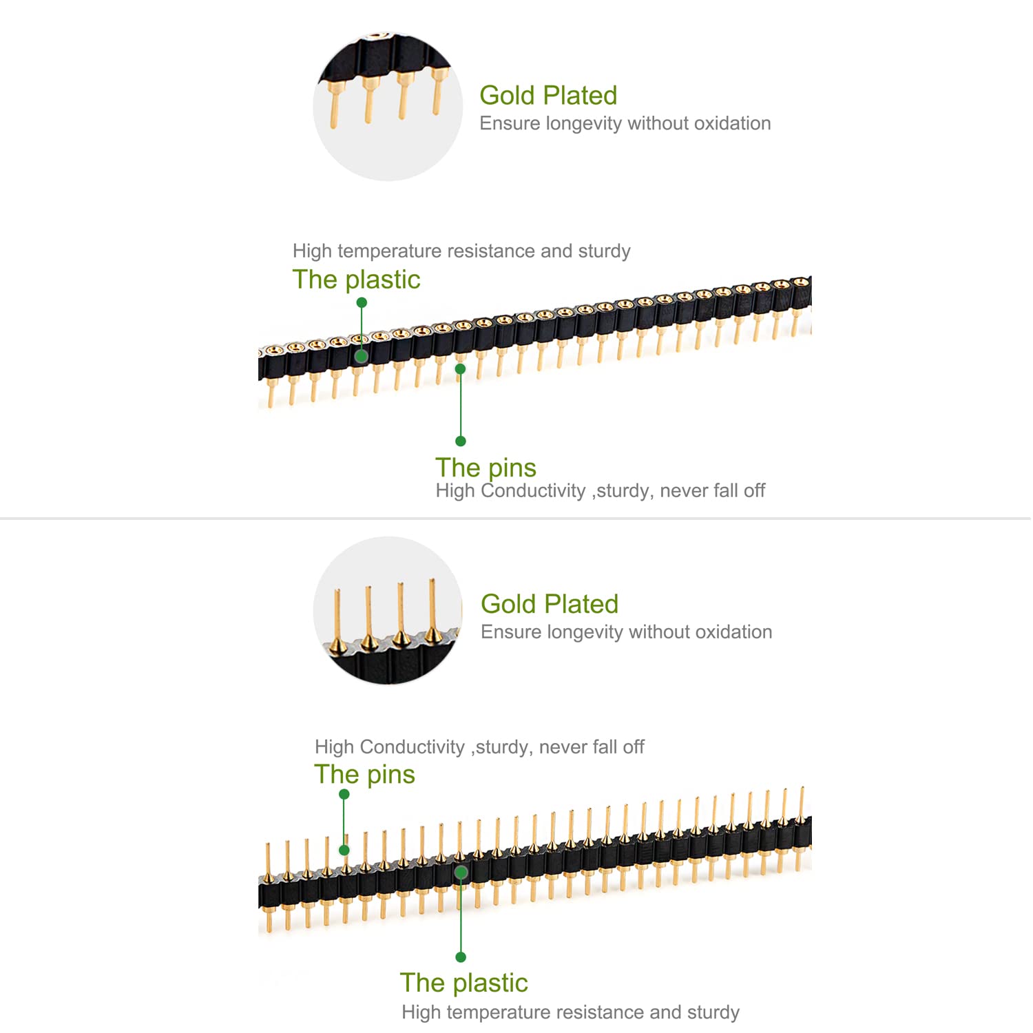 20PCS Gold-Plated 40Pin Single Row Female Pin Headers – 2.54mm, Machined Round