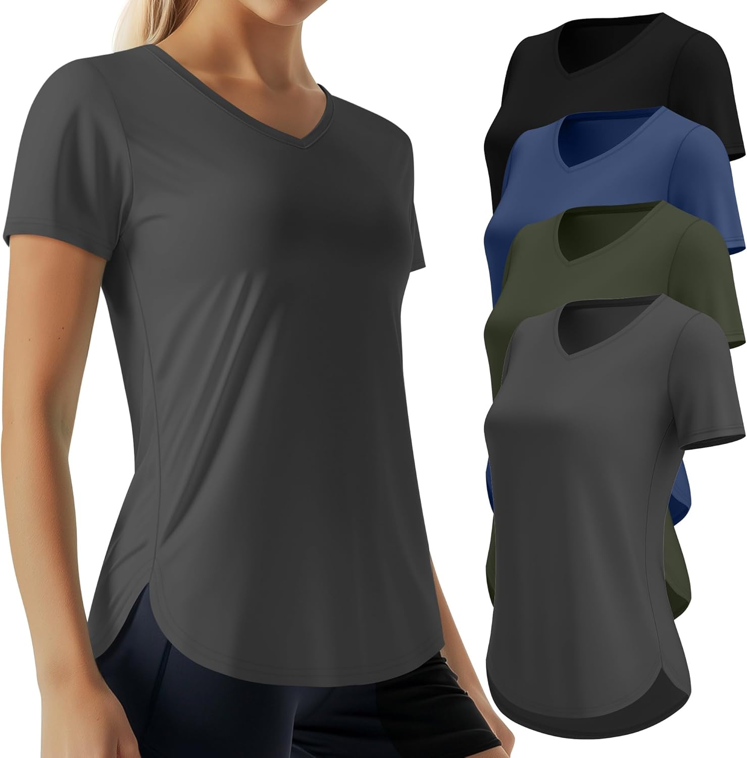 4 Pack Women's Quick Dry Workout Tops Exercise V Neck Short Sleeve Gym Side Slits Curved Hem UV Shirts