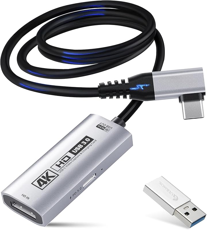 Guermok Tarjeta de captura de vídeo HDMI 4K USB3.0 para streaming, PD100W, 4K@60FPS | Dispositivos de captura de vídeo USBC de 90°, 3,3 pies, 2k@120FPS HDMI a USB C/A para Pad /Tablet/ MacOS /Switch2/1/ Xbox/ Camera/ PC/ Laptop