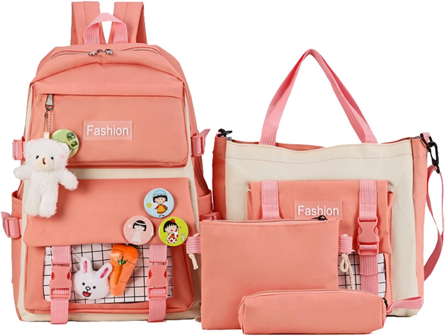 Fadcaer4pcs School Bags Set for Girls Kawaii Backpack School Bag Rucksack with Crossbody Bag Cute Bags for Teenage Girls Student Secondary School Aesthetic Backpack with Accessories (Pink)