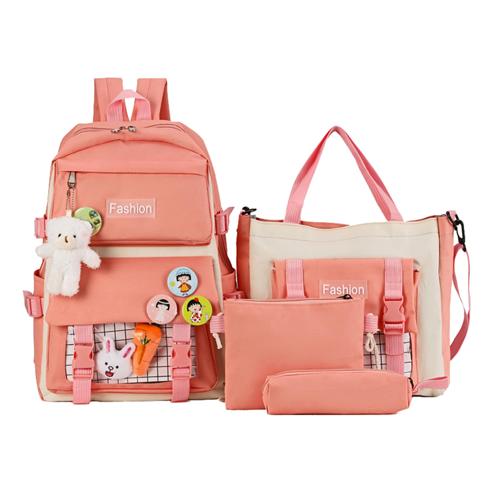 Fadcaer4pcs School Bags Set for Girls Kawaii Backpack School Bag Rucksack with Crossbody Bag Cute Bags for Teenage Girls Student Secondary School Aesthetic Backpack with Accessories (Pink)