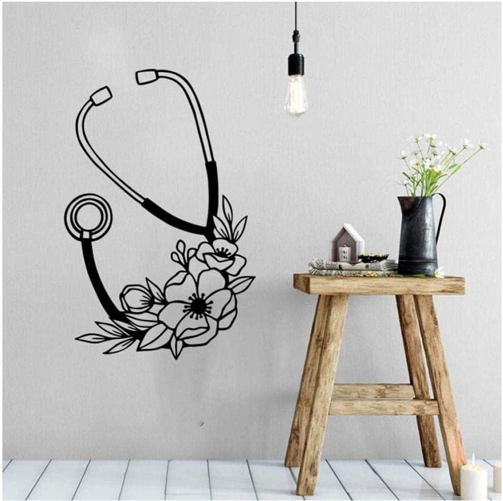 Etiqueta de la pared estetoscopio floral enfermera etiqueta de la pared hospital médico estetoscopio etiqueta de la pared médica decoración de vinilo 85x56 cm