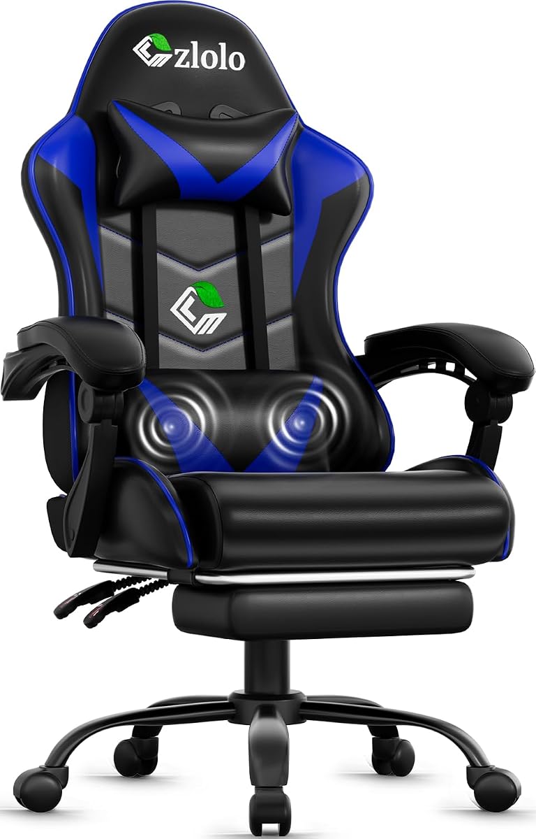 Czlolo Gaming Chair with Footrest Racing Style Lumbar Support Massager Video Game Chair with Metal Legs, High Back Reclining Gamer Chair with Headrest, 360° Swivel Office Computer Desk Chair (Blue)