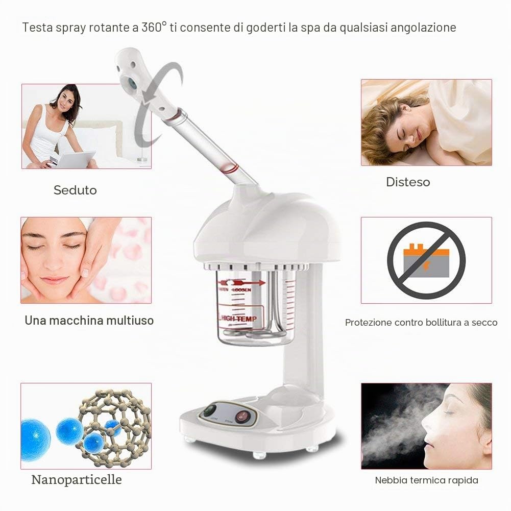 Vaporizzatore Facciale Ionico Professionale, Vapore per Capelli e Viso con Rotazione a 360°, Macchina per Irrorazione Ionica Avanzata per Sauna SPA Idratante