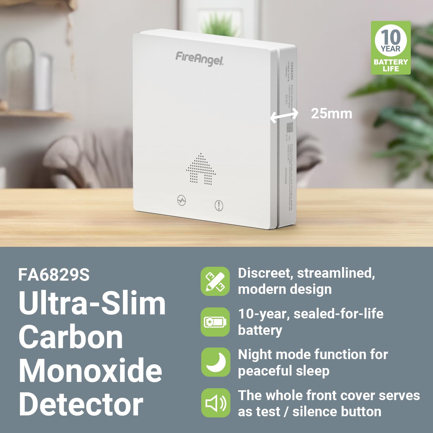 FireAngel FA6829S Ultra Slim Carbon Monoxide Detector, 10-Year CO Alarm, Carbon Monoxide Alarms for Home Caravan, Campervan - White - Image 3