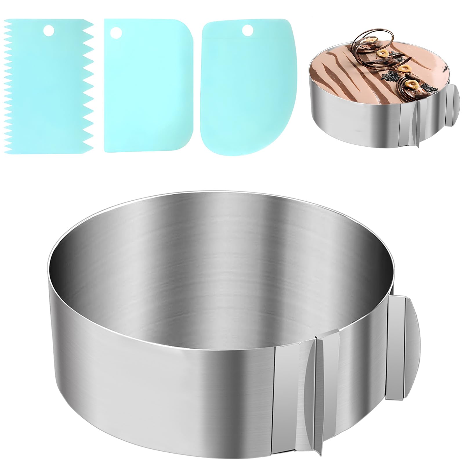 KINJOEK 2 Stampi Per Torte Regolabili In Acciaio Inox – Diametro Da 15 A 30 Cm – Anelli Per Mousse E Decorazione