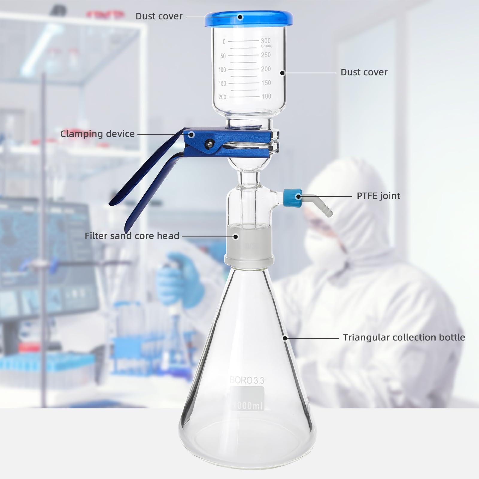 Aparato de filtración de destilación, aparato de destilación de filtración al vacío de laboratorio, aparato de destilación de filtración al vacío de vidrio de borosilicato (1000 ml)