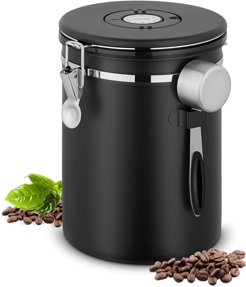 Airtight Coffee Canister, 2.8 L Stainless Steel Container for 1kg/35oz Coffee Beans, Storage Jars with Date Tracker, CO2 Valve and Scoop, Kitchen Storage Container for Beans, Tea, Sugar, Cereal, Flour