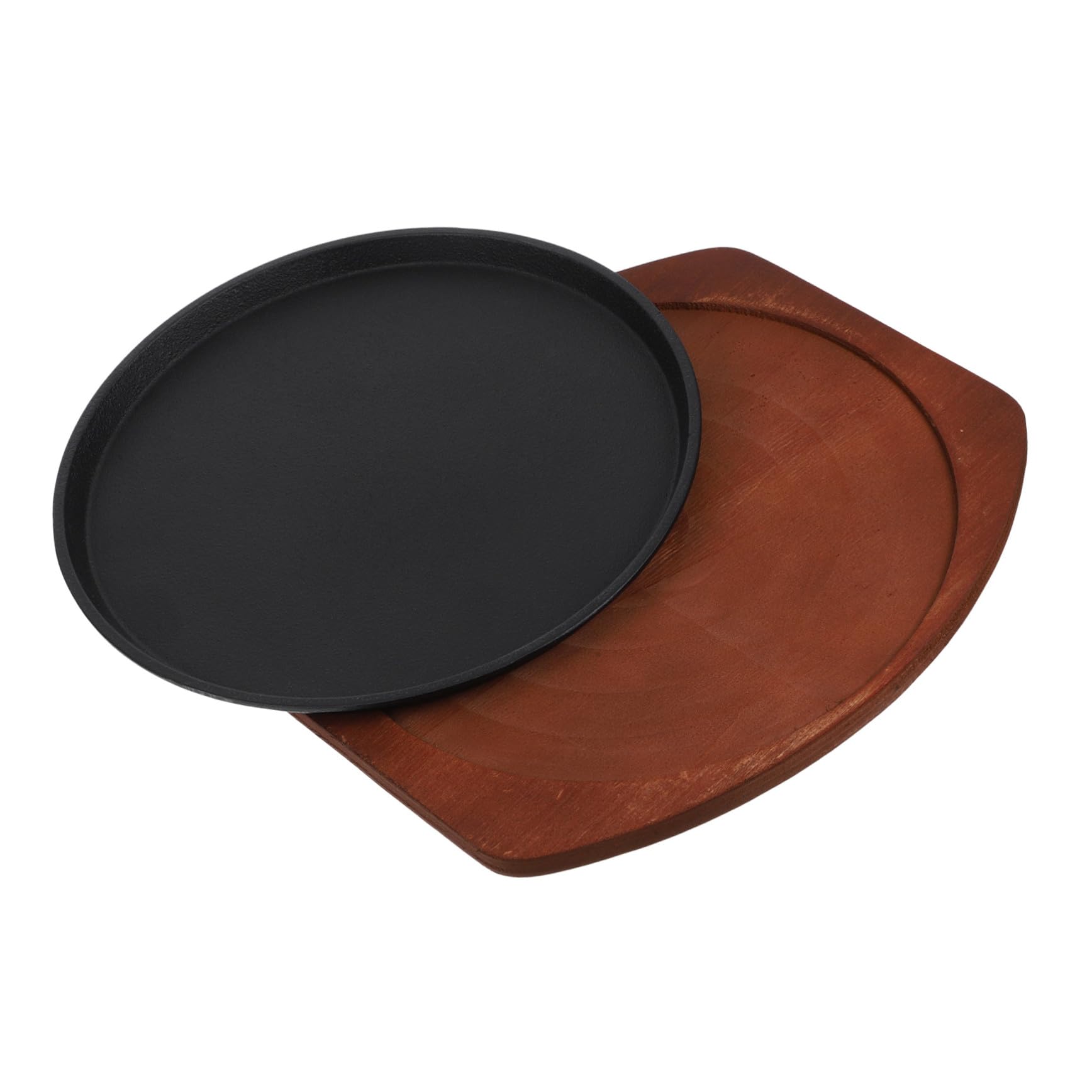 Plancha de Hierro Fundido para Asar Redonda Base de Madera Sartén para Bistec con Calentamiento Uniforme Bandeja Resistente para Barbacoa y Cocina Casa