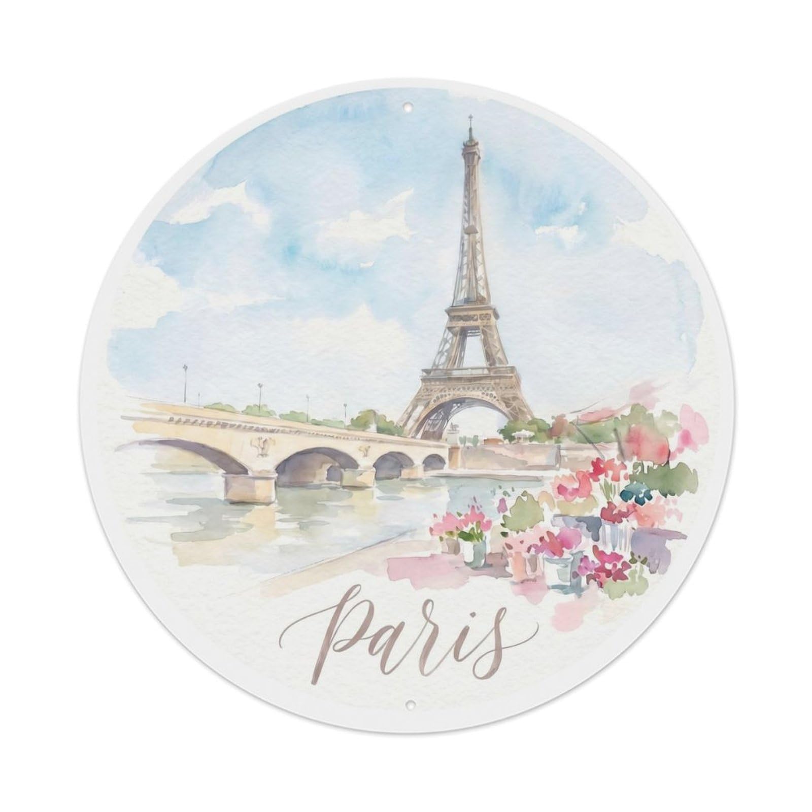 Paris Watercolor Vintage Travel Eiffel Cityscape Landmark Metal Tin Sign Plaque Wall Decor for Cafe, Man Cave, Club Bar, Office, Home Garden Round Metal Poster 8x8Inch