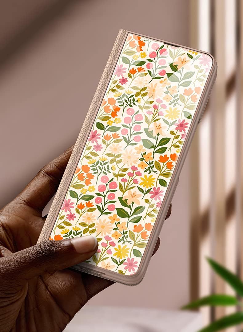 SHIEID Galaxy Z Fold 3 5G Case Leather Cover, [Leather + 9H Tempered Glass] Outer Screen Back Protector Cover with Kickstand Phone Case Compatible with Samsung Galaxy Z Fold 3 5G, Flower 6