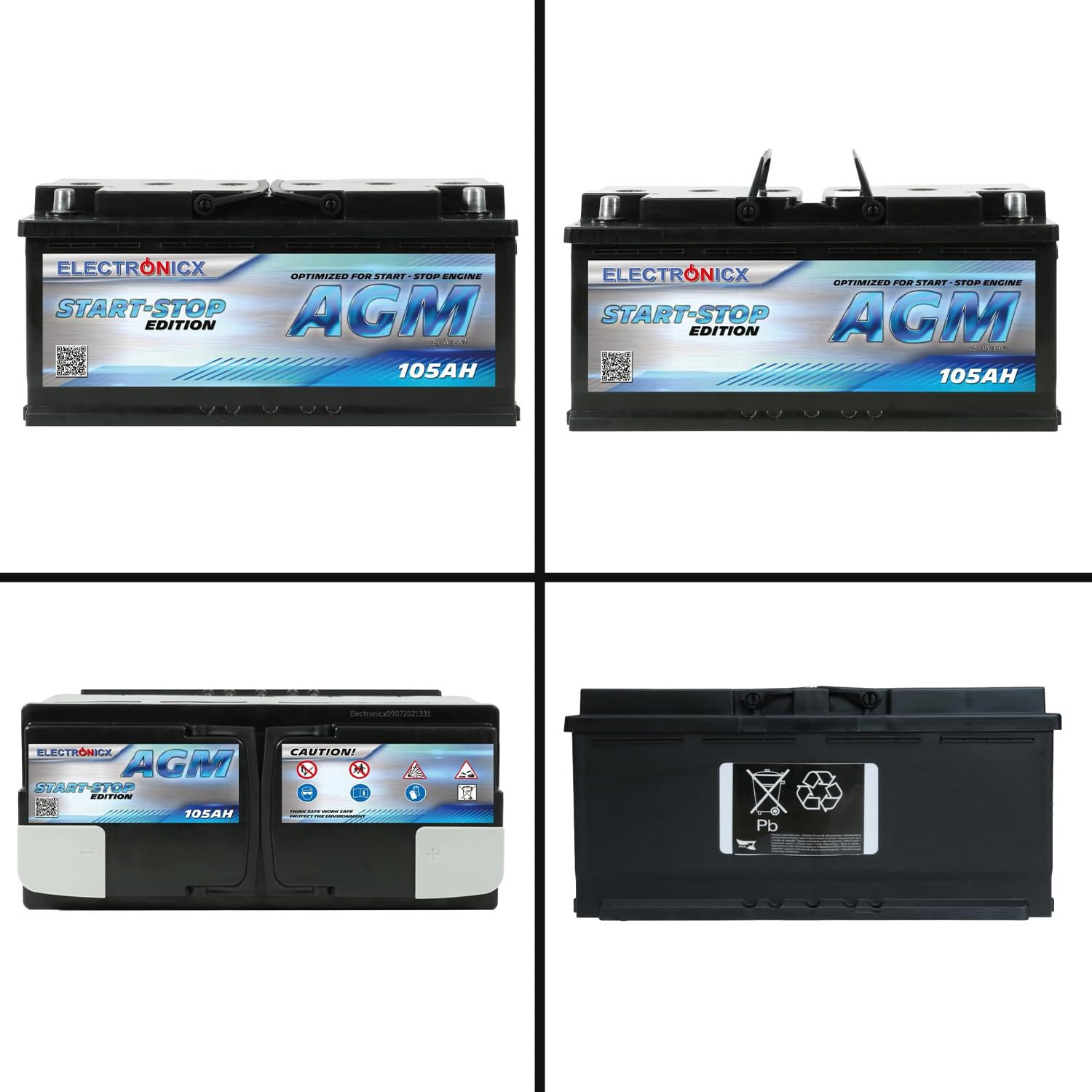Electronicx batería de coche AGM 105Ah 12V – batería de arranque 950A EN, batería AGM 105 Ah, sin mantenimiento, sellada, resistente a vibraciones, compacta, potente, ideal para SUV