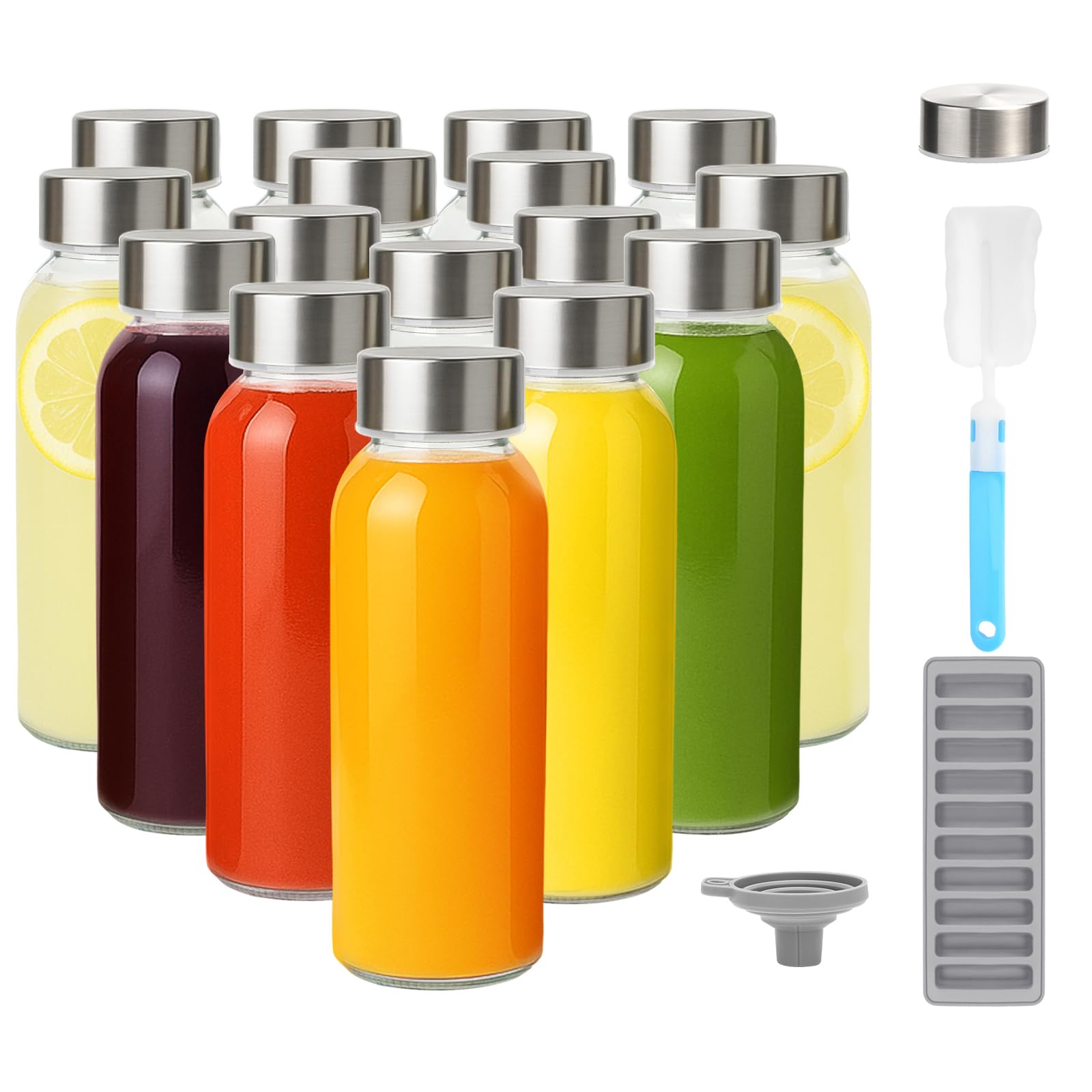 Zukro Glass Water Bottles with Lids 10.5 oz, 16 Pack Clear Reusable Glass Small Juice Bottles With Stainless Steel Cap for Juicing, Milk, Ginger Shot,