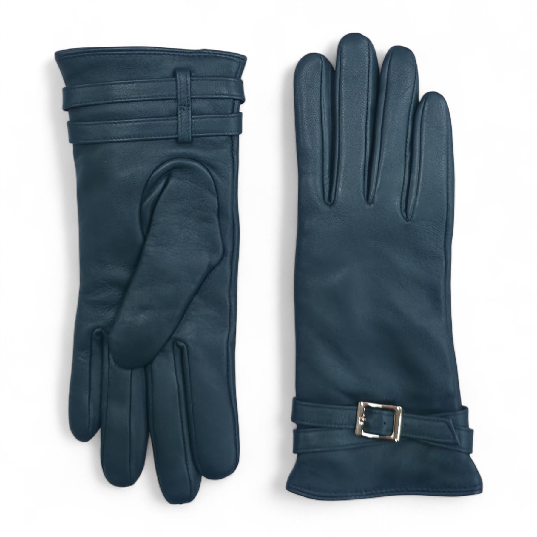 Truclothing Men's Teal Wo's Genuine Leather Gloves Wool Lining Soft Sheepskin Adjustable Wrist Buckle - M