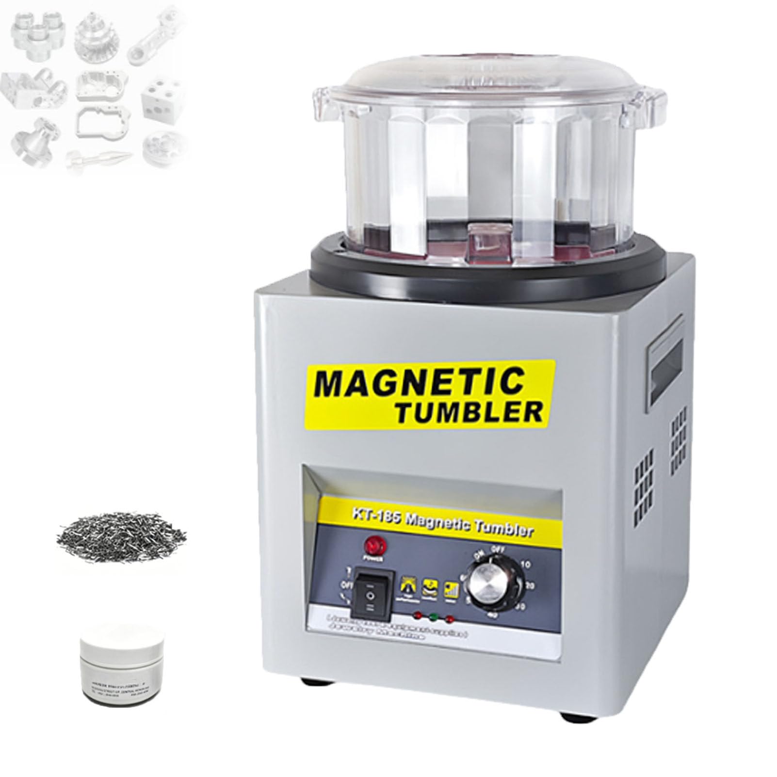 BOOZXCV Magnetic Tumbler Jewelry Polisher, 180mm Barrel, Adjustable Timer 1-60 Min, Includes 500g Magnetic Pins, for All Kinds of Metal Jewelry Finishing