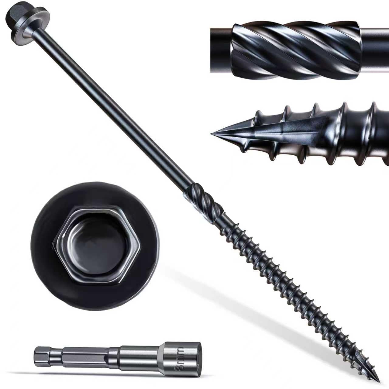 Tornillos estructurales de madera #14 x 8, 100 unidades, tornillos de cabeza hexagonal para exteriores, tornillos de madera de construcción resistentes negros, tornillos de madera para paisajismo