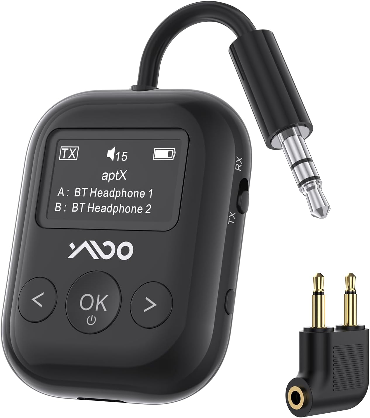 YMOO SafeFly Min+ Bluetooth adapter with attached 3.5mm jack and airplane adapter