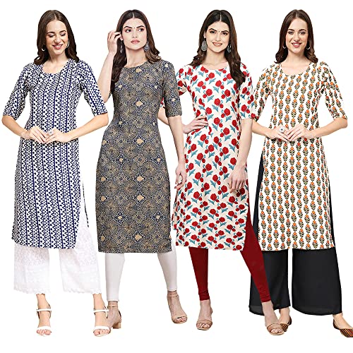 Image of Pinkmint Women's Crepe Digital Print Straight Kurta [Pack of 4] (CCV-334-338-339-335)