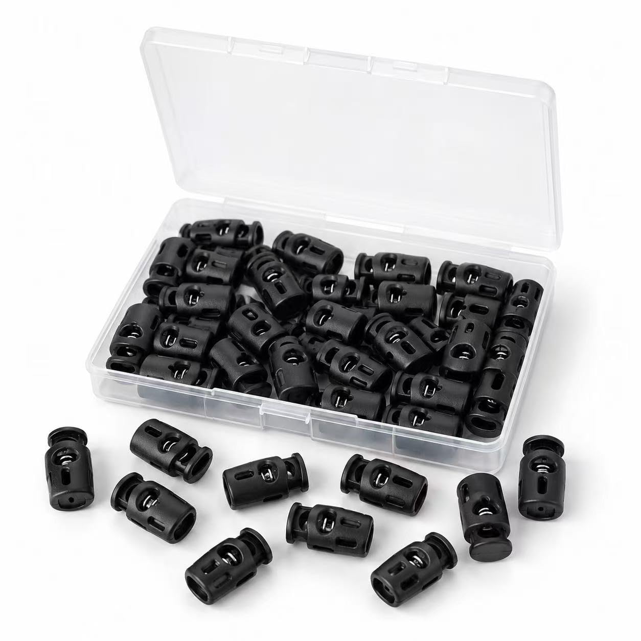 Rneswi 30PCS Black Plastic Cord Locks for Drawstrings, Single Hole Spring Toggle Stoppers, Cord Fastener Locks for Shoelaces, Paracord, Hoodies, Sweatpants, Backpacks, Bags, Clothing and DIY Repairs