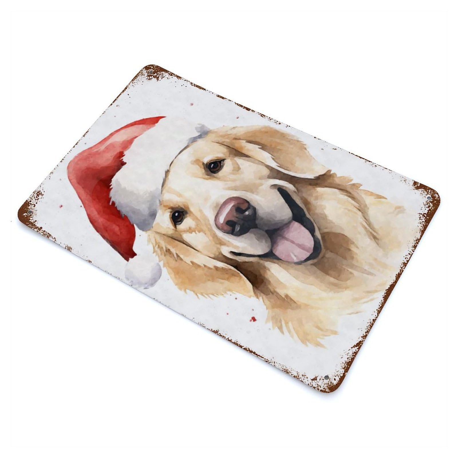 Golden Retriever Santa Hat Vintage Rust Metal Sign 11.8"x7.9", Farmhouse Wall Decor for Garage, Pub Or Kitchen