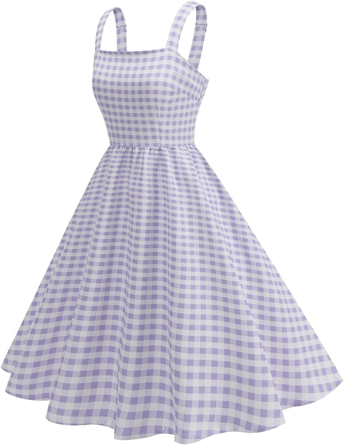 HGps8w Women's Vintage 50s Plaid Cocktail Swing Dress Elegant Square Neck Sleeveless Rockabilly Audrey Hepburn Prom Dresses