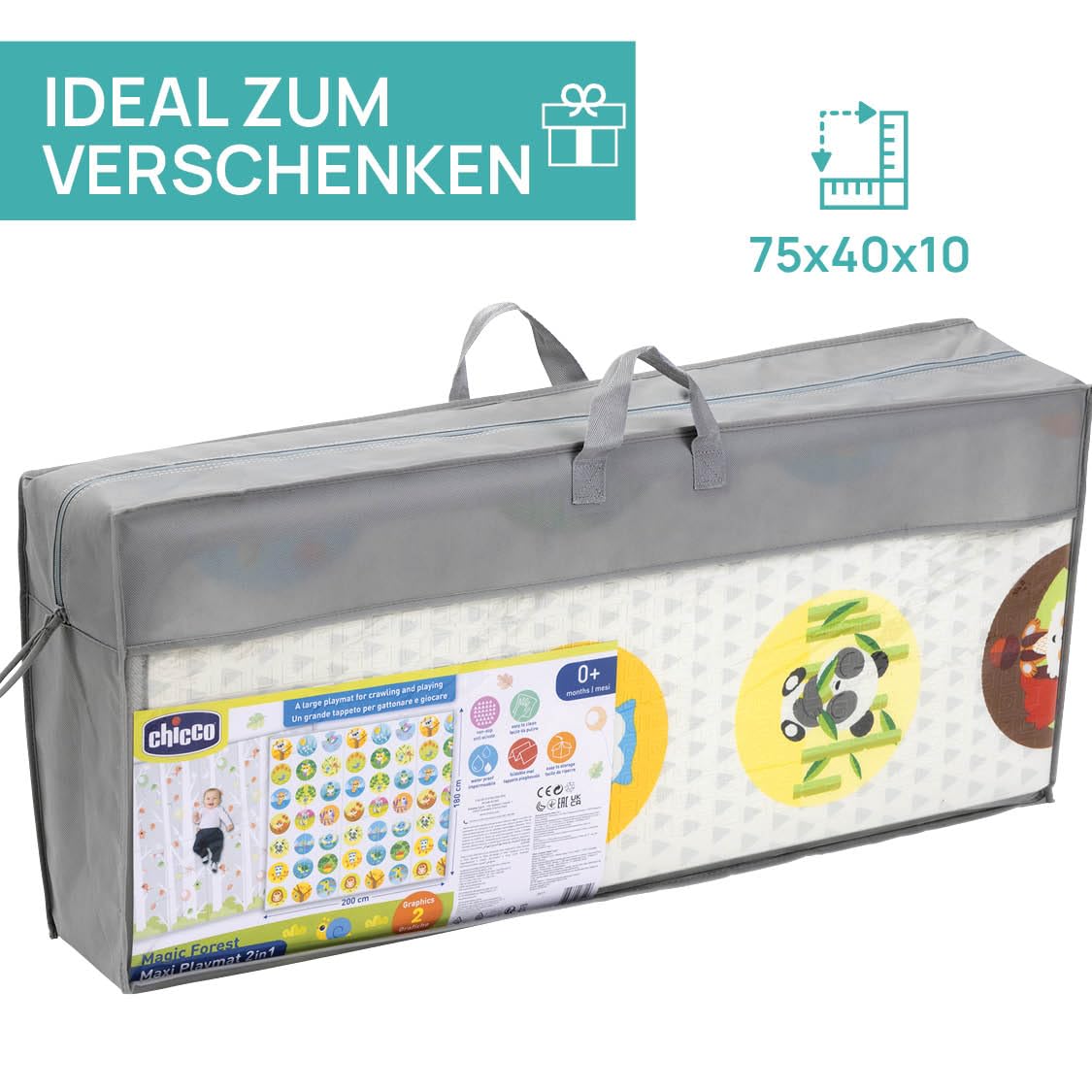 Chicco Krabbelmatte Baby, Extra groß, 200x180 cm, Stärke 1.3 cm, wenbare Spielmatte Baby, mit Tieren und Landschaft, Double Face, faltbar, Superweich und farbenfrohes, für das Kinderzimmer, 0+ Monate