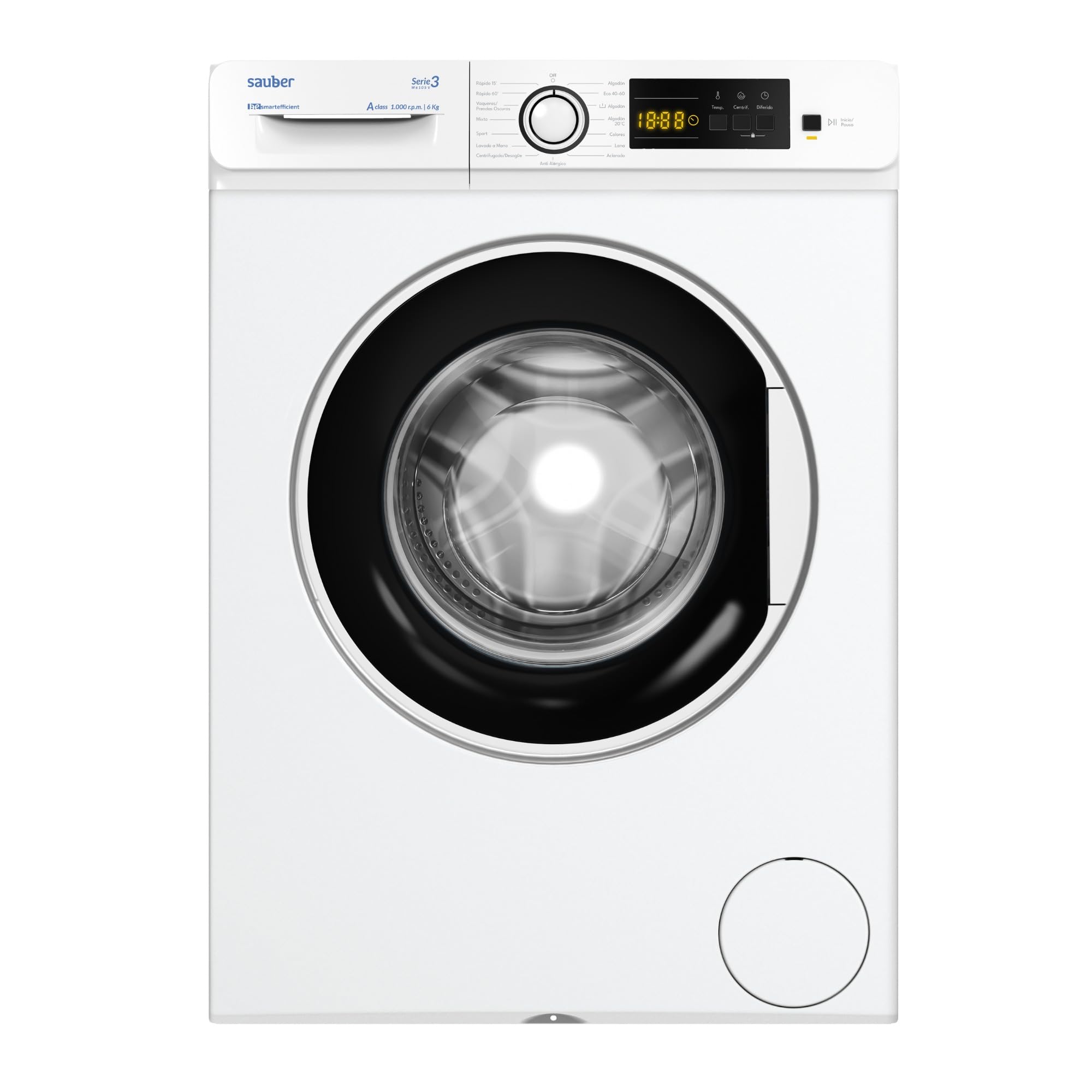 Sauber, Lavadora 6 Kg de carga frontal SERIE 3-W6105V, 1000 RPM, A, Programa Extra Rápido 15 minutos, 15 Programas, Detección de carga, Bajo Consumo, Color Blanco, CON INSTALACIÓN Y RETIRADA USADA
