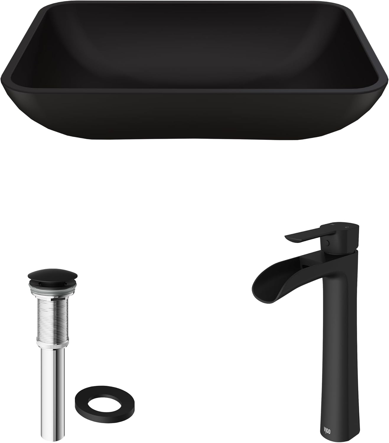 VIGO 18" L -13" W -11" H Sottile Matte Shell Rectangular Vessel Sink Set in Black with Faucet and Drain -VGT1434