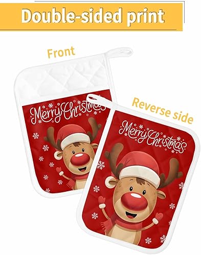 Miniatura 2 de Christmas Deer 2Pcs Pot Holders for Kitchen, Non Slip & Heat Insulation Terry Cloth Potholder Set with Pocket, Thick Hot Pad Oven Mitts Trivet