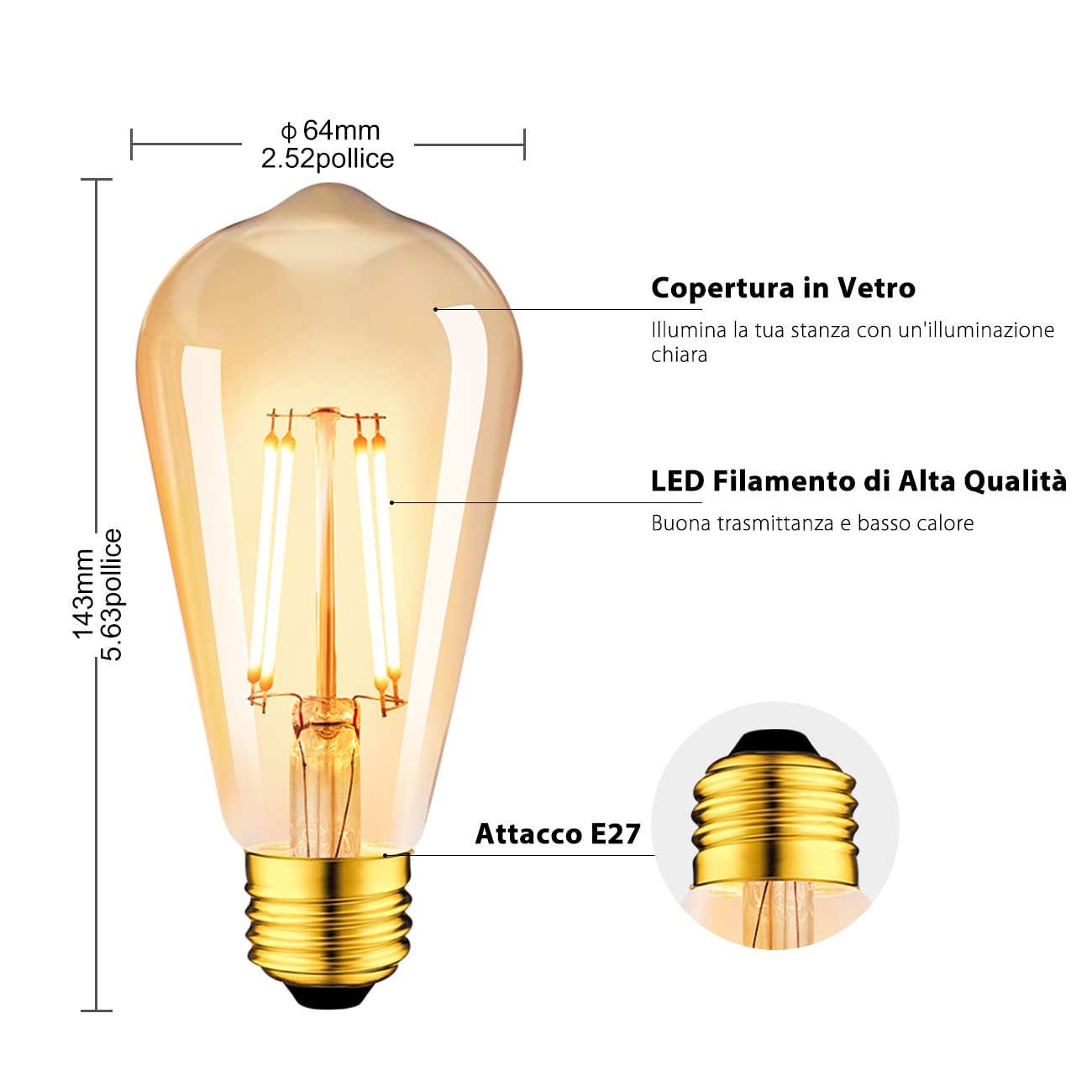 LVWIT Lampadine di Filamento a LED, ST64 Edison Vintage, Attacco E27, 6.5W Equivalenti a 53W, 685 Lumen, Luce Bianca Calda 2500K, Stile Edison Vintage Marrone, Non Dimmerabile – Pacco da 6 Pezzi