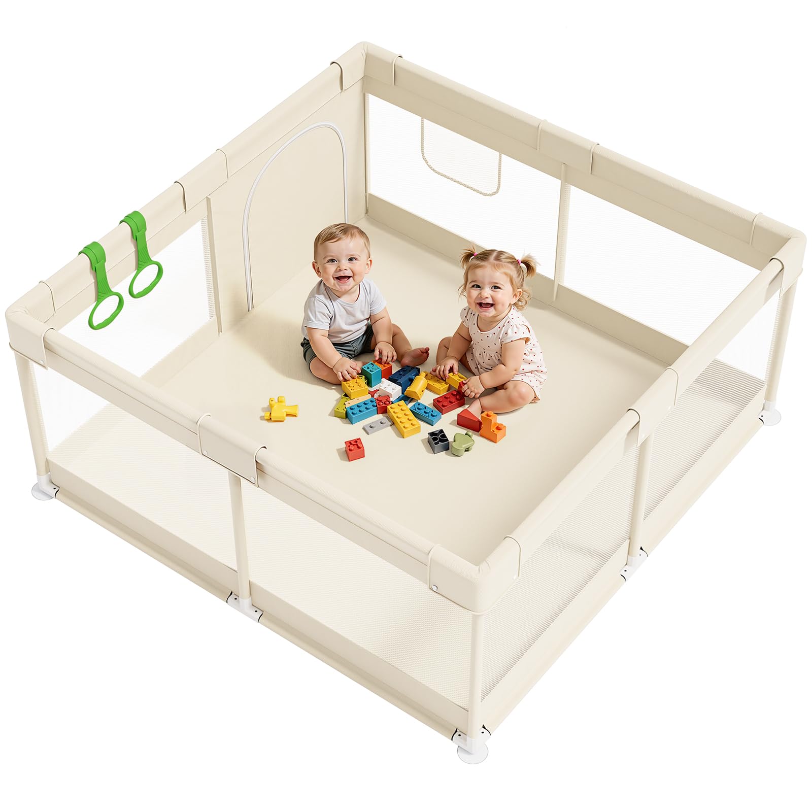 Fodoss Beige Laufstall Baby Klein – 120x120 Laufstall für und Kleinkinder, Laufgitter Baby mit atmungsaktivem Mesh, Laufgitter & -ställe für Wohnungen