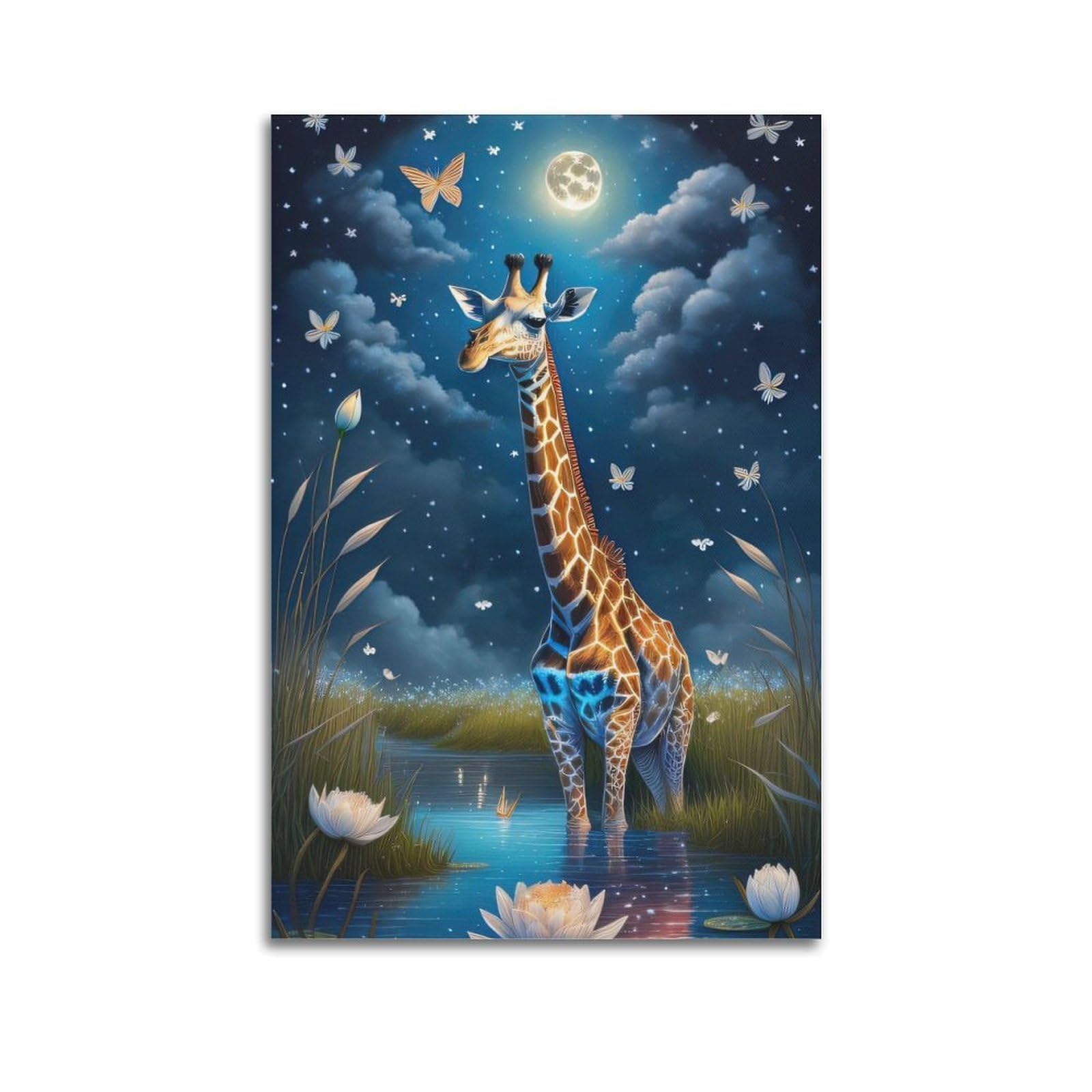 ZSZWHJ Animal Poster Giraffe in The Moonlit Night Poster Decorative Painting Canvas Wall Posters And Art Picture Print Modern Family Bedroom Decor Posters 24x36inch(60x90cm)
