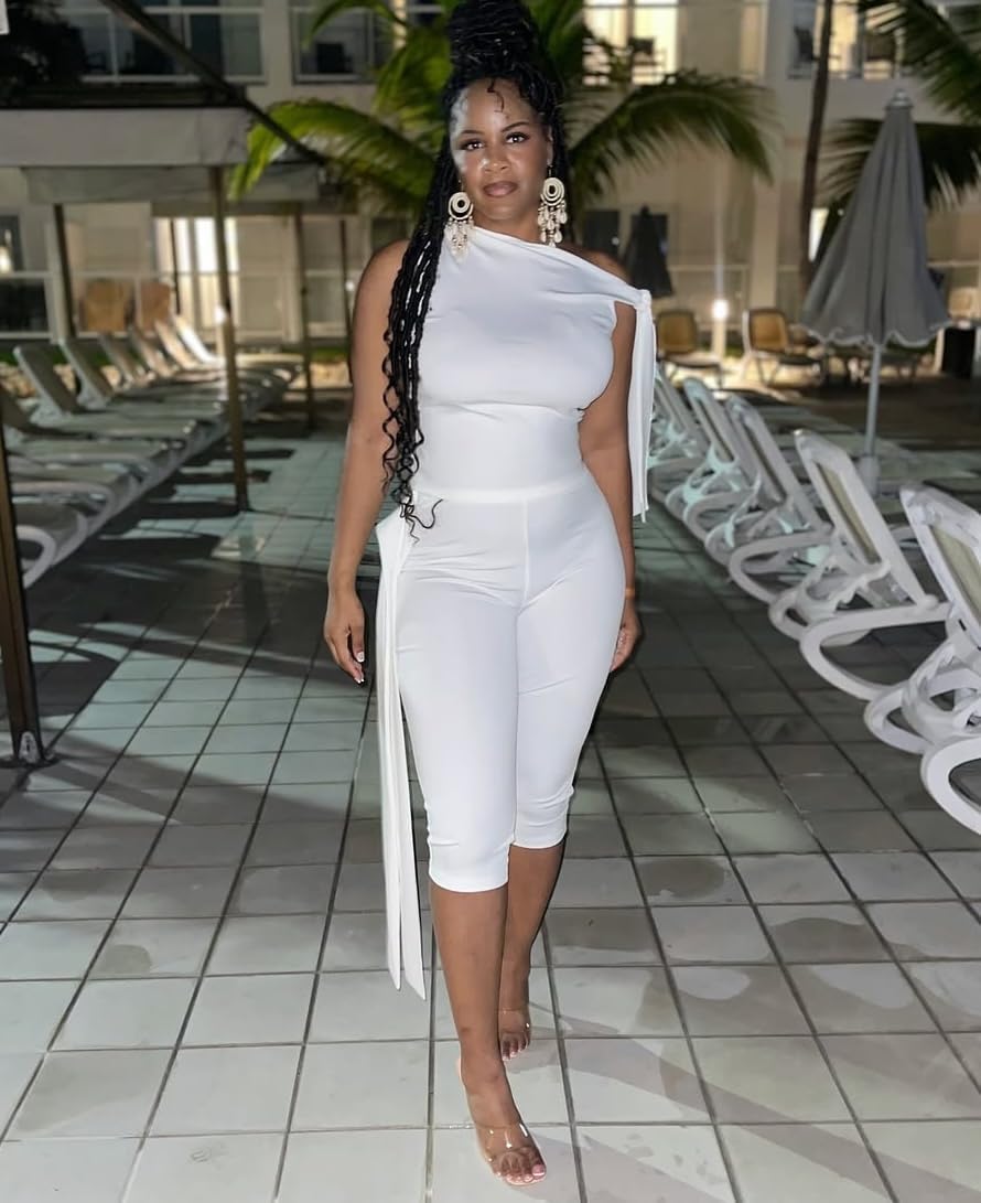 Women's 2 Piece Stretchy Bodycon Outfits Off Shoulder Solid Color Top And High Waist Capri Pants Set - Image 7