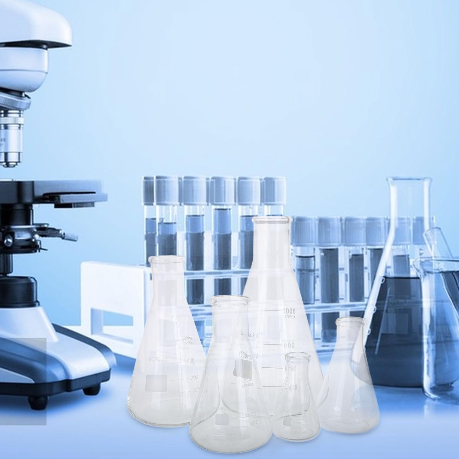 KICHOUSE Set da 5 Beute Coniche in Vetro Borosilicato Graduato, Resistente ad Alte Temperature, Capacità 50ml-1l, Base Triangolare, Facile da Pulire per Esperimenti di Laboratorio