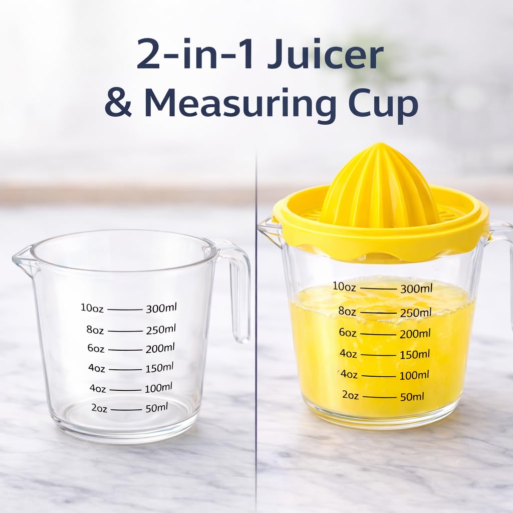 Exprimidor y exprimidor de limón y lima y exprimidor de exprimir y colar cantidades medidas exprimir a mano Esprimidor exprimidor manual de jugo con asa 1 taza de medición 250 ml sin BPA