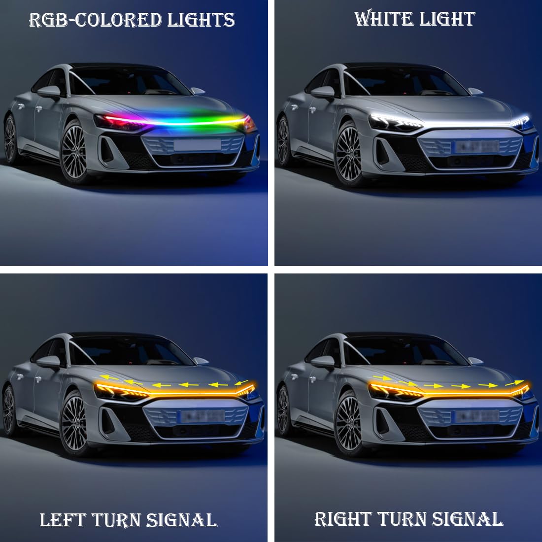 Tira de Luces LED para capó de Coche, luz Diurna Exterior Flexible e Impermeable, luz LED RGB Multicolor para capó, luz Diurna con escaneo dinámico, Apta para vehículos de 12V.