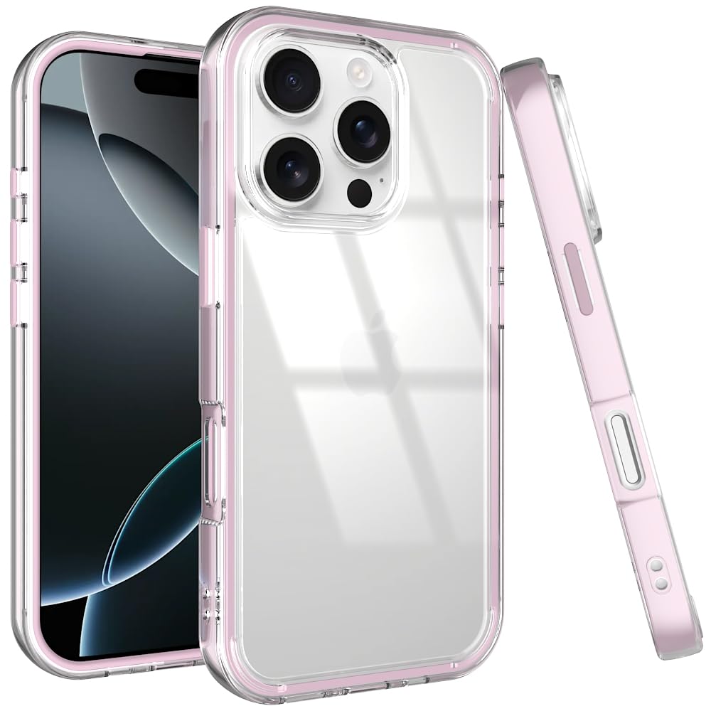 Puxicu Acrylic 2 in 1 for iPhone 16 Pro Max Case?Anti-Yellowing, Military-Grade Protection, Drop Shockproof Slim Phone Cover for iPhone 16 Pro Max 6.9", Clear+Light Pink