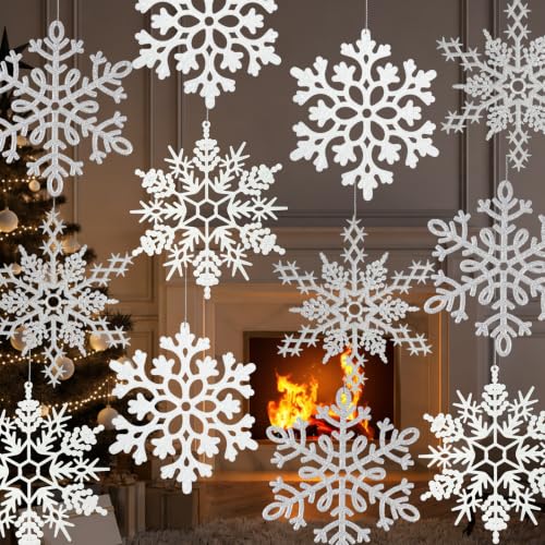12pcs Large Christmas Snowflakes Decorations, 12" Big Plastic Glitter White Sliver Snowflake Ornaments for Winter Indoor Outdoor Christmas Tree Holiday Window Room Decor Craft Snowflakes