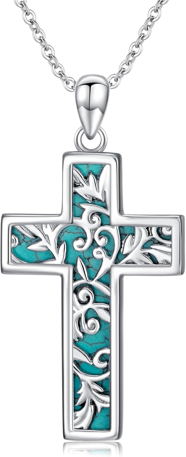 Natural Turquoise Cross Necklace for Women 925 Sterling Silver Ladies Floral Cross Pendant with Genuine Turquoise Jewelry Gifts