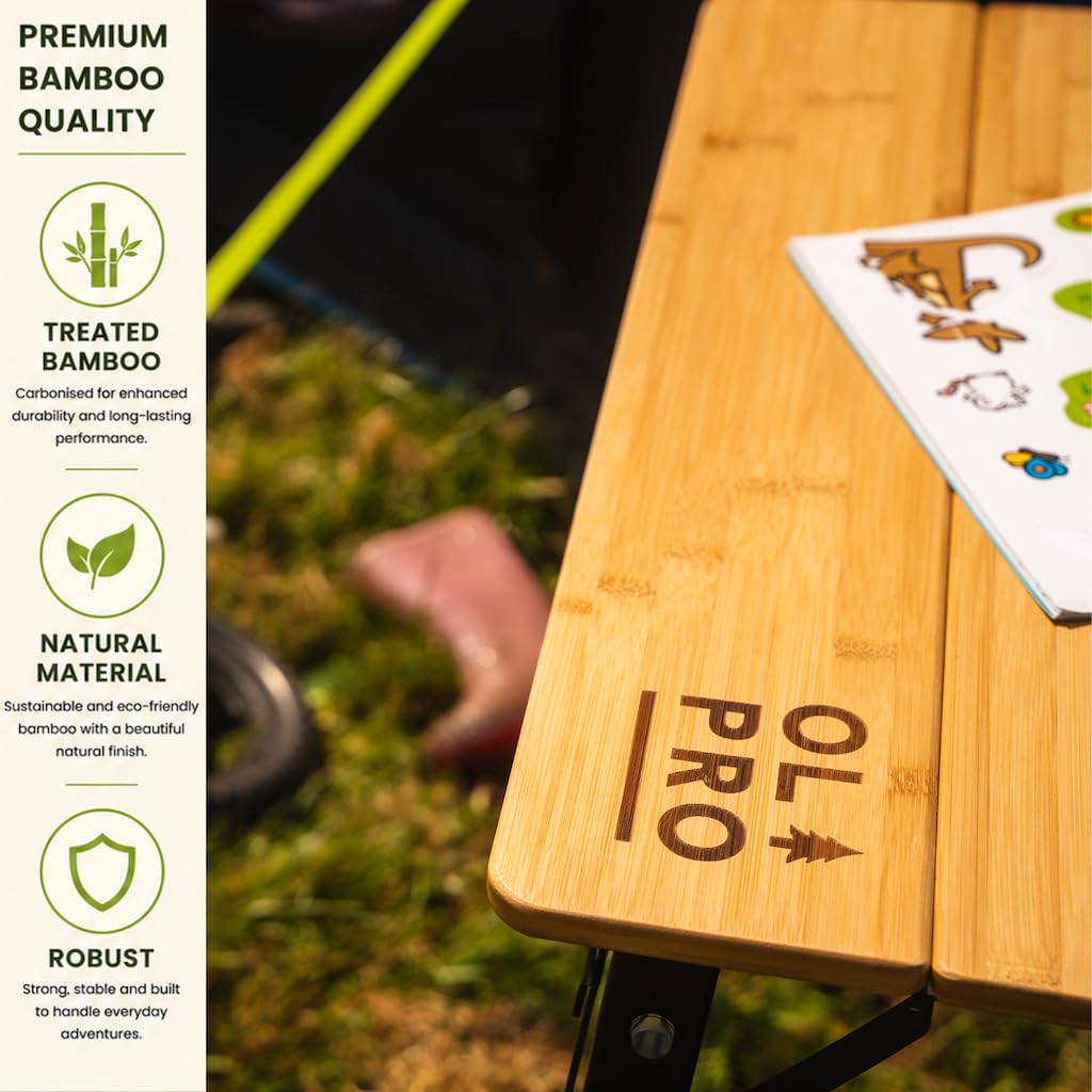 OLPRO Bambus-Campingtisch 65 x 50 cm, 4-klappbarer tragbarer Outdoor-Tisch mit verstellbaren Aluminiumbeinen, kompakte Tragetasche, 30 kg Tragkraft für Camping, Wohnwagen, Wohnmobil, Picknicks