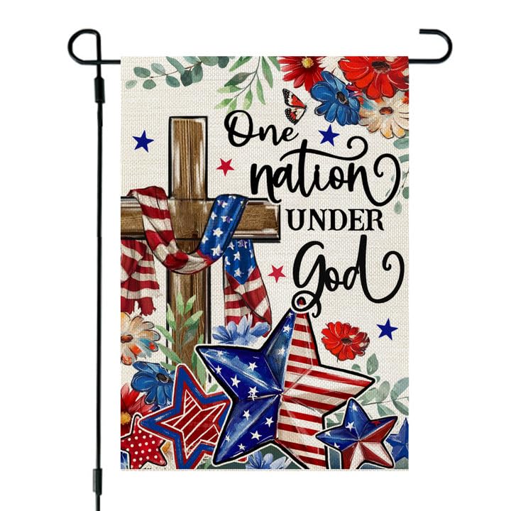 CROWNED BEAUTY 4th of July Garden Flag Patriotic Cross Double Sided 12x18 Inches Small Burlap Holiday Welcome Yard Porch Decoration for Outside CF1829