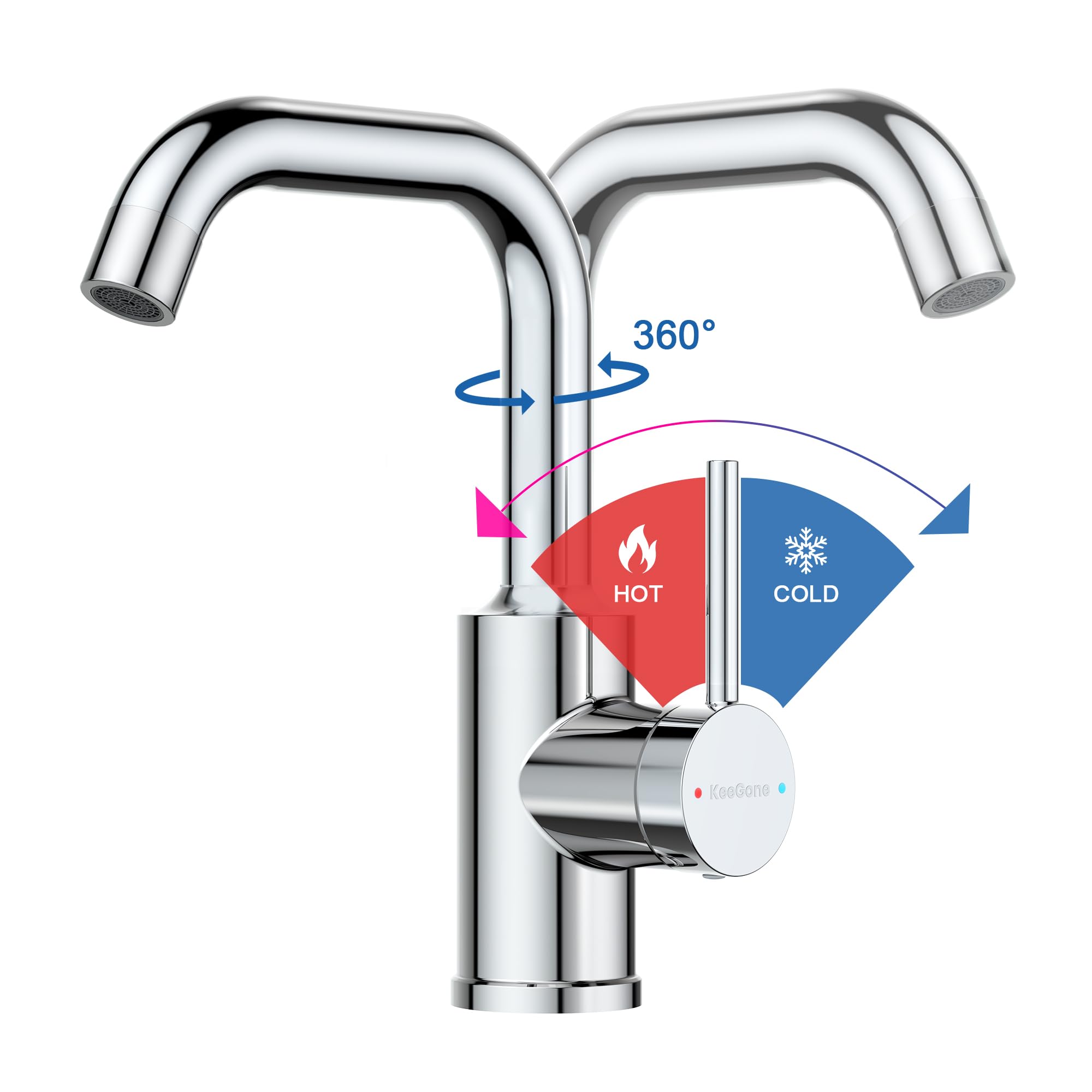 Wasserhahn Bad Hoch, 360° drehbare Waschbeckenarmatur mit Keramikkartusche, Edelstahl Waschtischarmatur Hoch mit Warm/Kaltwasser Mischbatterie Einfache Montage für Badezimmer/Gäste-WC Chrom