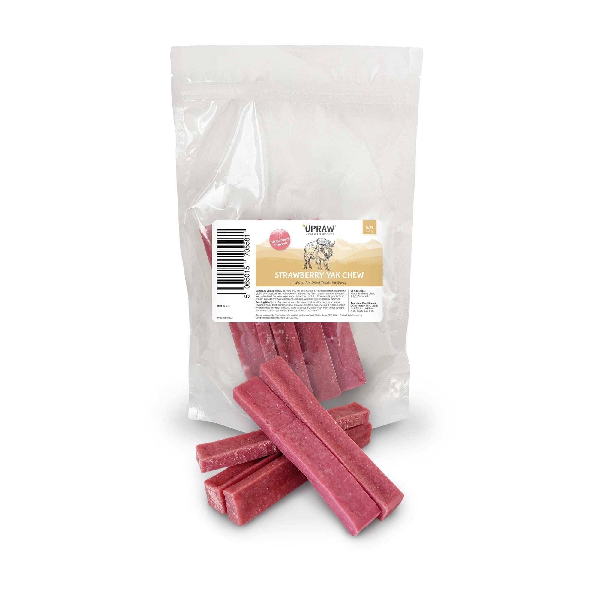 UPRAW Himalayan Yak Chews for Dogs, Approx 150g, Natural Long-Lasting Dog Treats, Protein-Rich Milk Chews, All Breeds and Life Stages, Grain-Free Dental Care S/M (Pack of 5) (Strawberry)