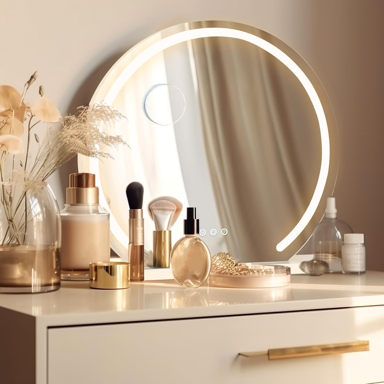 YU YUSING Specchio Trucco con Luci Rotondo Hollywood, 60X58cm Specchio Led Trucco USB, 3 Temperature di Colore, Specchio da Tavolo 10X, Specchio Cosmetico Parete, Bianco
