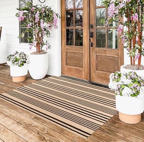 Khaki and Black Striped Rug 3x5 ft Outdoor Porch Rugs Hand Woven Washable Farmhouse Floor Carpet Front Porch Doormat for Bedroom/Courtyard/Laundry Room/Living Room