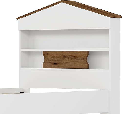 Miniatura 99 de Moderna plataforma de tamaño matrimonial con cabecera de almacenamiento y barandilla de seguridad para niños, plataforma de madera funcional con luz