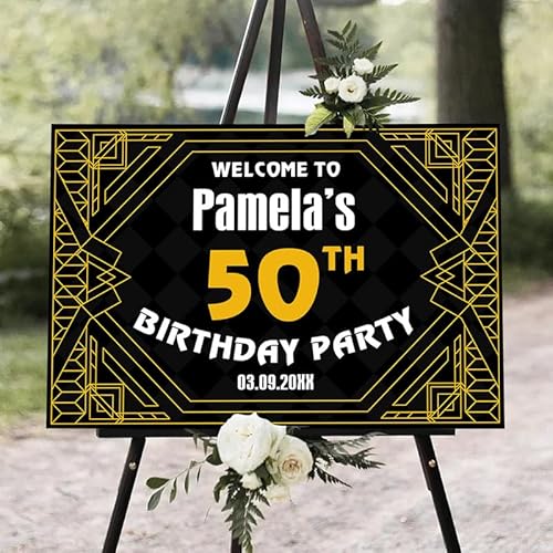 Art Deco Glamour Birthday Welcome Sign with Bold Geometric Patterns,