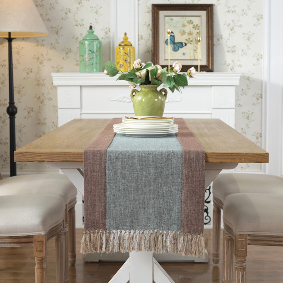 SOLUSTRE Runner da Tavolo Nappe 220cm in Cotone, Doppio Strato Blu