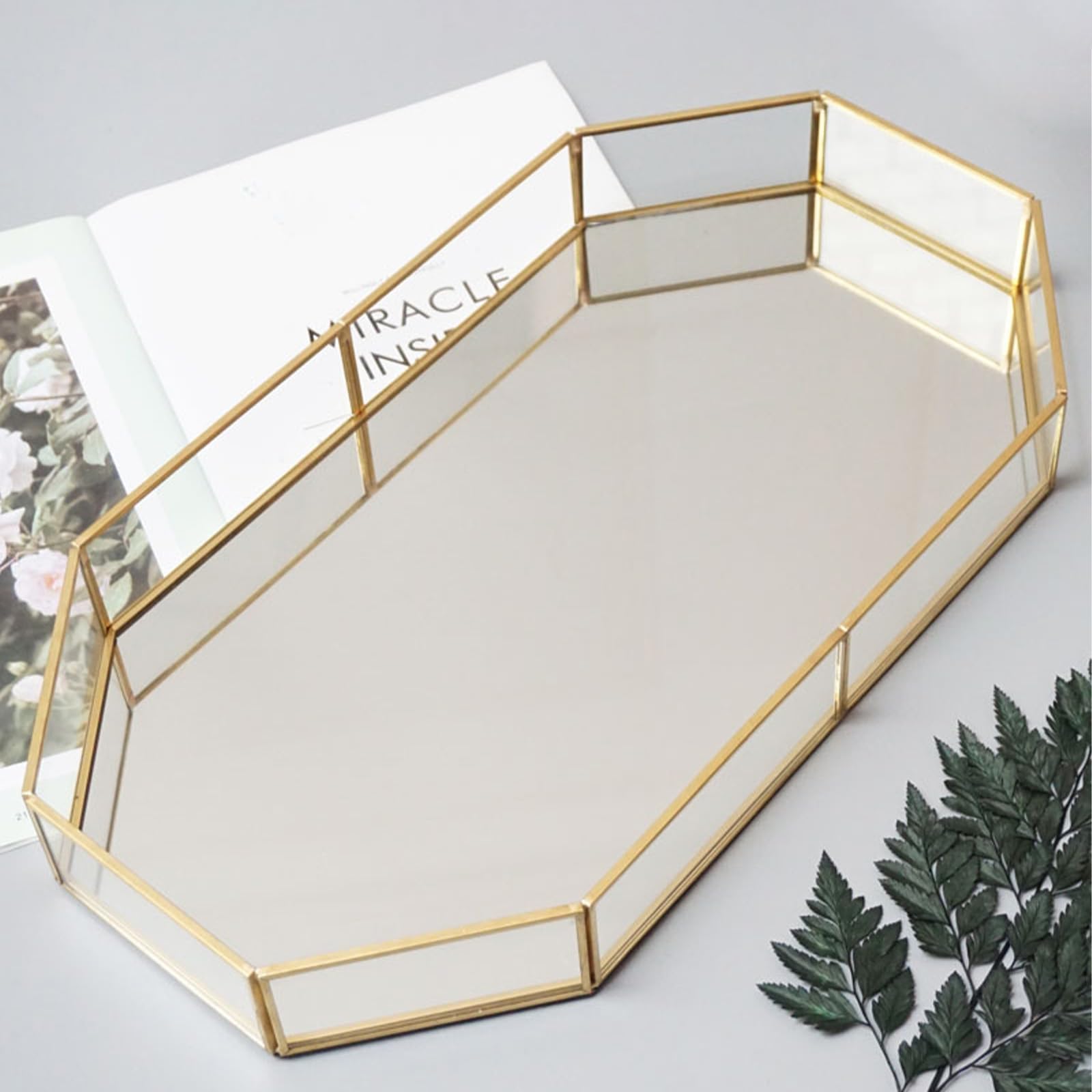 Bandeja de cristal dorado con espejo, bandeja decorativa de polígono, organizador de perfume, bandeja de maquillaje para tocador, mesa, decoración del hogar, 31,5 cm